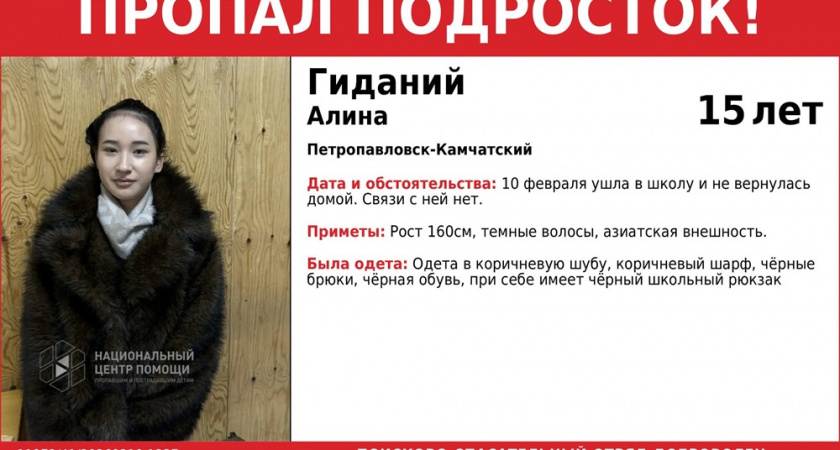 В Петропавловске-Камчатском разыскивают пропавшую 15-летнюю школьницу