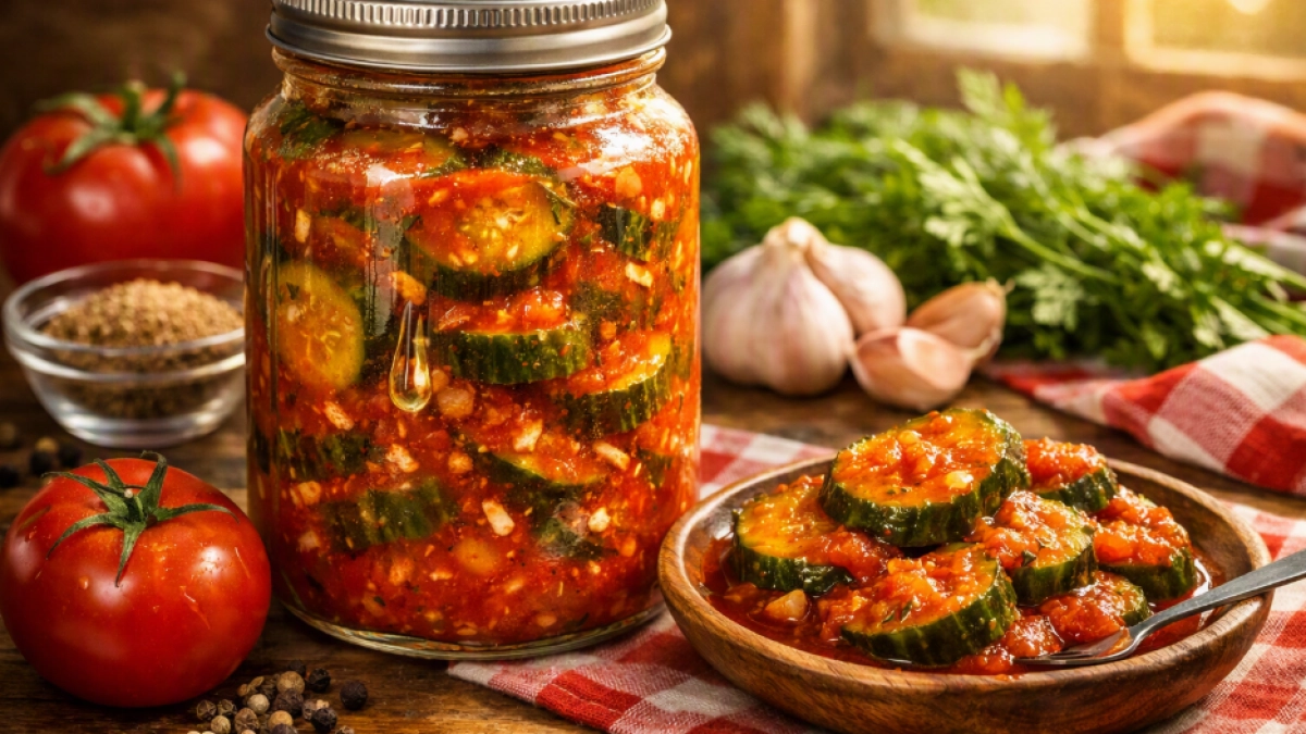 Огурцы в помидорах на зиму: хрустящая закуска, которая исчезает первой